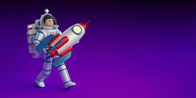 3d astronaut in a spacesuit with rocket in his hands photo