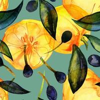 Citrus and olive fruits watercolor seamless pattern photo