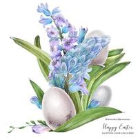 Easter watercolor bouquet with hyachinth flowers and bird eggs photo