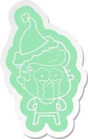 cartoon  sticker of a crying man wearing santa hat vector