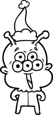 happy line drawing of a alien wearing santa hat