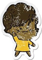 distressed sticker of a cartoon frustrated woman vector