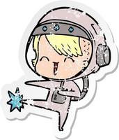 distressed sticker of a happy cartoon space girl kicking vector