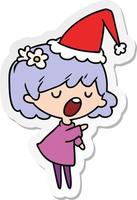 christmas sticker cartoon of kawaii girl vector