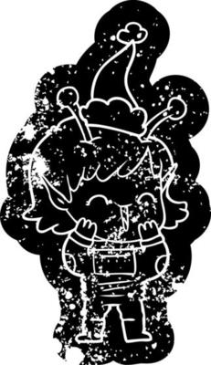 cartoon distressed icon of a alien girl giggling wearing santa hat