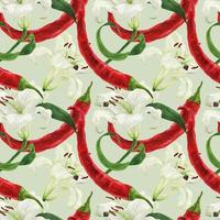 Red chili pepper and lily white flower watercolor seamless pattern photo