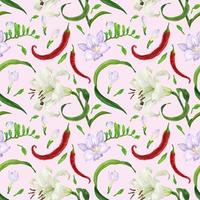 Tropical flowers and red peppers watercolor seamless pattern photo