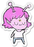 distressed sticker of a cartoon alien girl vector