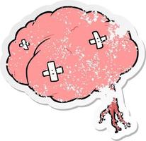 pegatina angustiada de un cerebro lesionado de dibujos animados vector