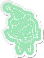 happy cartoon  sticker of a girl wearing santa hat vector