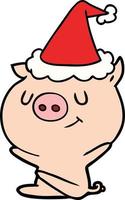 happy line drawing of a pig wearing santa hat vector