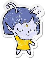 distressed sticker of a cartoon alien girl vector