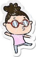 distressed sticker of a cartoon woman wearing glasses vector