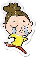 distressed sticker of a cartoon crying woman running away vector