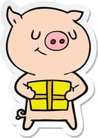 sticker of a happy cartoon pig with christmas present vector