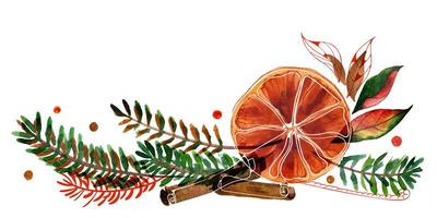 Christmas watercolor composition with ale and orange and cinnamon photo