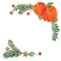 Christmas floral round frame with fir-tree and oranges photo