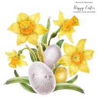 Easter watercolor bouquet with daffodil and bird eggs photo