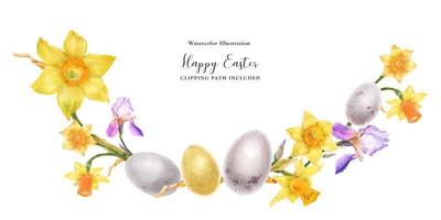 Easter watercolor arc with daffodil and iris flowers and bird eggs photo