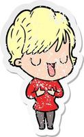 distressed sticker of a cartoon woman talking vector