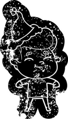 happy cartoon distressed icon of a man wearing santa hat