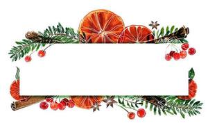 Christmas text space frame with watercolor poinsettia and oranges photo