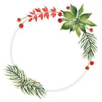 Christmas floral round frame with ale branches and poinsettia photo