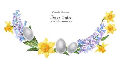 Easter watercolor arc with hyachinth and daffodil flowers and bird eggs photo