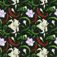 Tropical flowers and peppers dark green watercolor seamless pattern photo