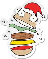 sticker cartoon of a amazing burger wearing santa hat vector