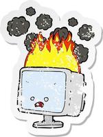 retro distressed sticker of a cartoon burning computer vector