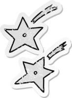 doodle de dibujos animados de pegatina angustiada de estrellas ninja arrojadizas vector