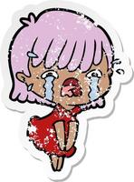 distressed sticker of a cartoon girl crying vector