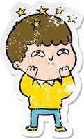 distressed sticker of a cartoon amazed boy vector