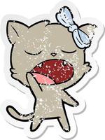 distressed sticker of a cartoon yawning cat vector