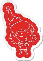 pretty cartoon  sticker of a elf girl wearing santa hat vector