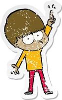 distressed sticker of a nervous cartoon boy with idea vector