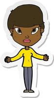 sticker of a cartoon woman shrugging shoulders vector