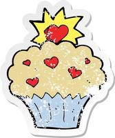 pegatina retro angustiada de un cupcake de corazón de amor de dibujos animados vector