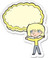 sticker of a cartoon woman with text cloud space vector