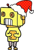 comic book style illustration of a robot wearing santa hat vector