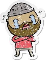 distressed sticker of a cartoon bearded man crying vector