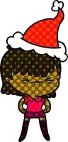 annoyed comic book style illustration of a girl wearing santa hat vector