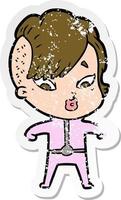 distressed sticker of a cartoon surprised girl in science fiction clothes vector