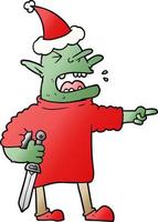 gradient cartoon of a goblin with knife wearing santa hat vector