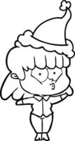 line drawing of a whistling girl wearing santa hat vector