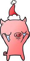 gradient cartoon of a pig crying wearing santa hat vector