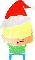 retro cartoon of a boy with untidy hair wearing santa hat vector