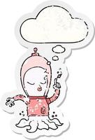 cute cartoon alien and thought bubble as a distressed worn sticker vector