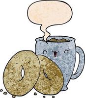 café de dibujos animados y donuts y burbujas de habla en estilo de textura retro vector